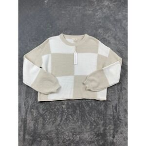 Moon‎ & Madison Checkerboard Knit Sweater Beige White Crew Neck Long Sleeve Sz M